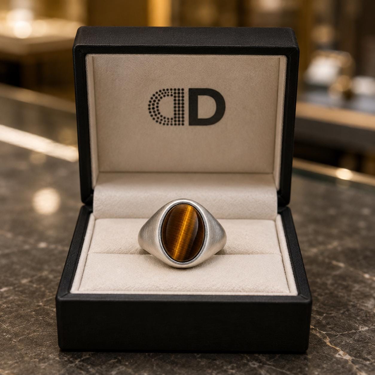 A silver ring with a large oval-shaped stone is displayed in a black jewelry box with a logo on the lid.
