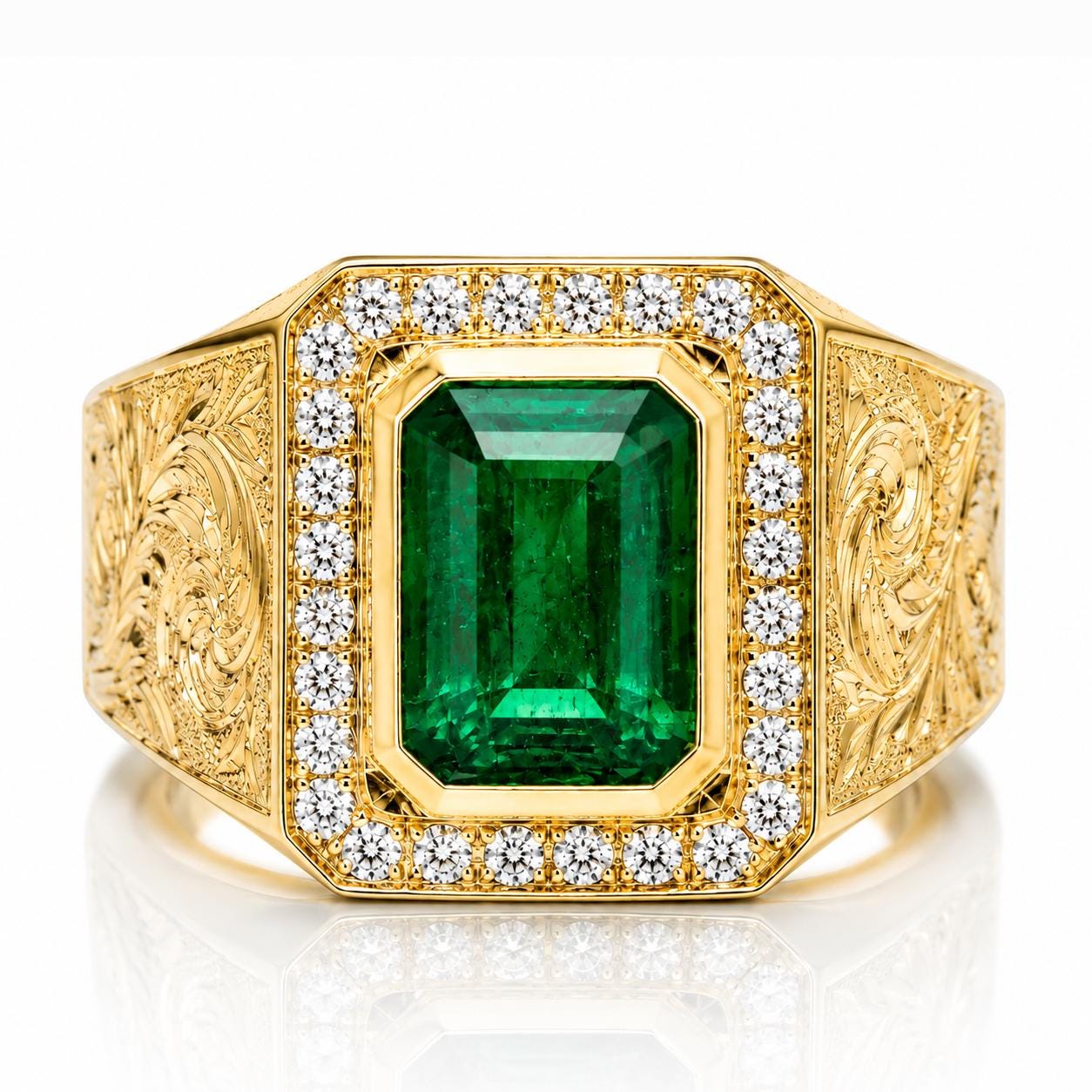 A gold ring with a large, square-cut emerald gemstone surrounded by smaller diamonds set in an ornate, engraved design.