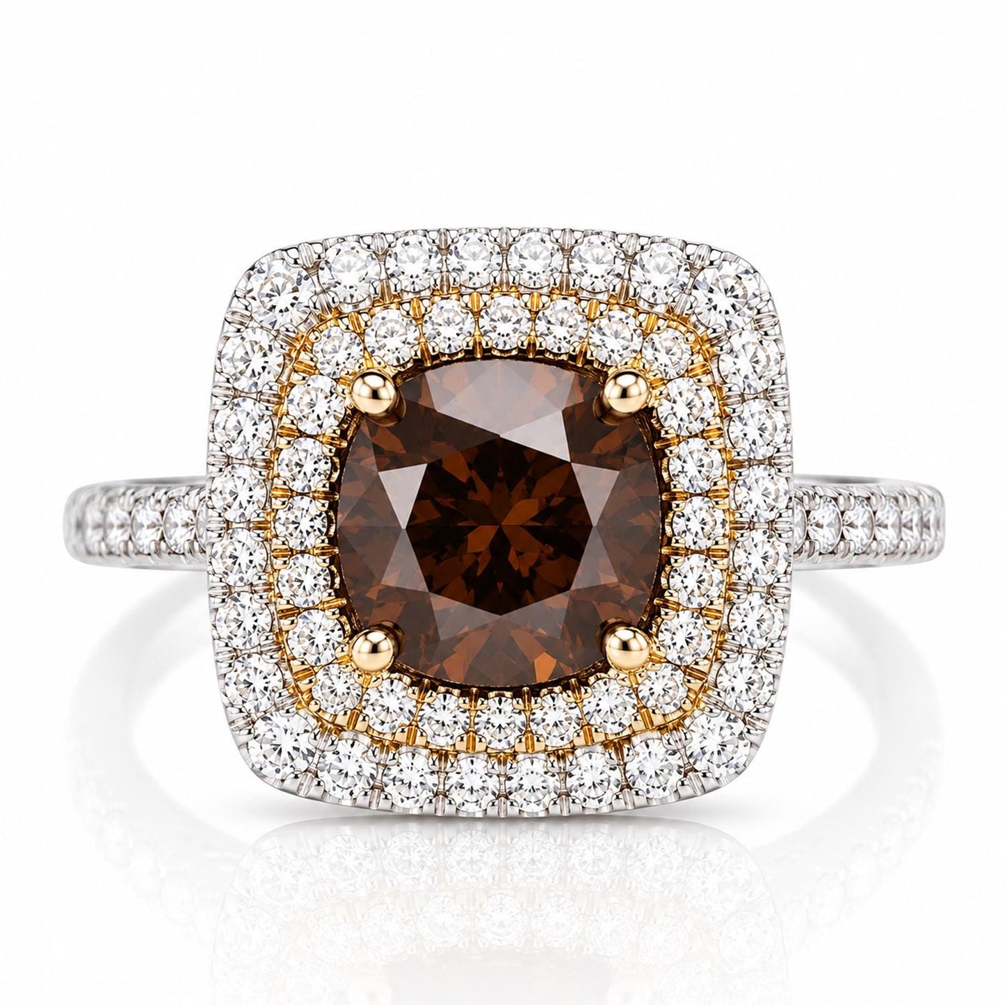 A diamond ring with a large, round-cut brown diamond at the center, surrounded by a halo of smaller diamonds set in a silver band.