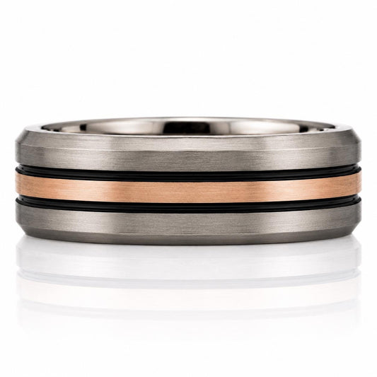 A silver ring with a horizontal band of copper-colored metal.