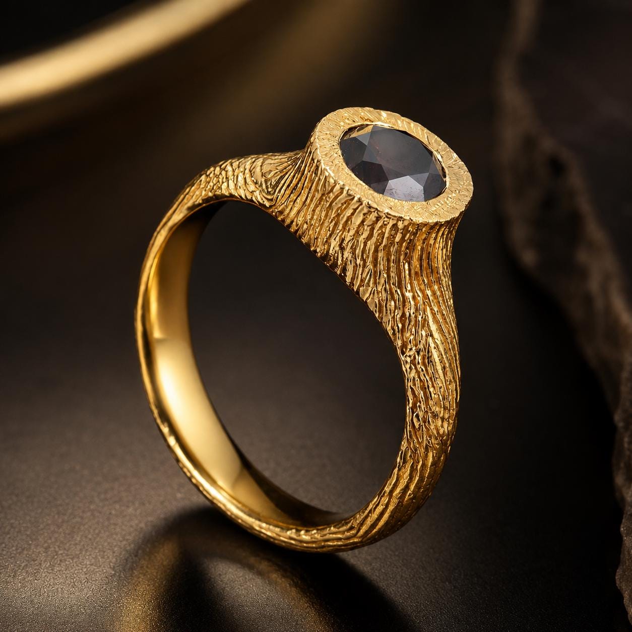 A gold ring with a large black gemstone, possibly a diamond, is displayed against a dark background.