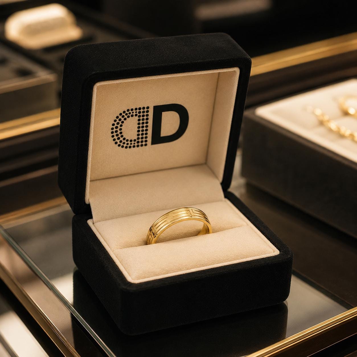 A gold ring is displayed in a black jewelry box with the letters "CD" printed on it.