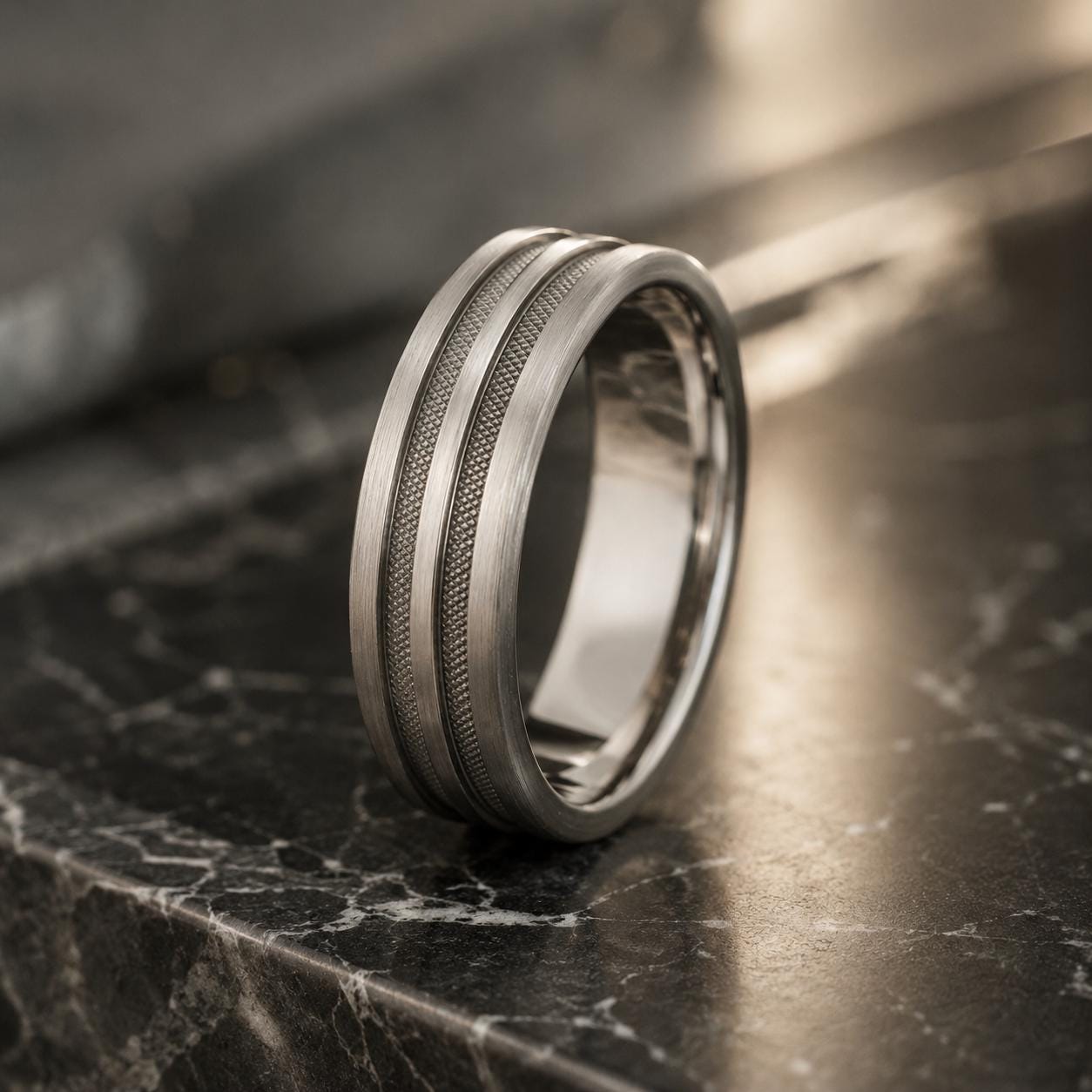 A silver ring with a textured band is displayed on a marble surface.