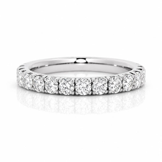 A silver band with a row of round diamonds set in it.