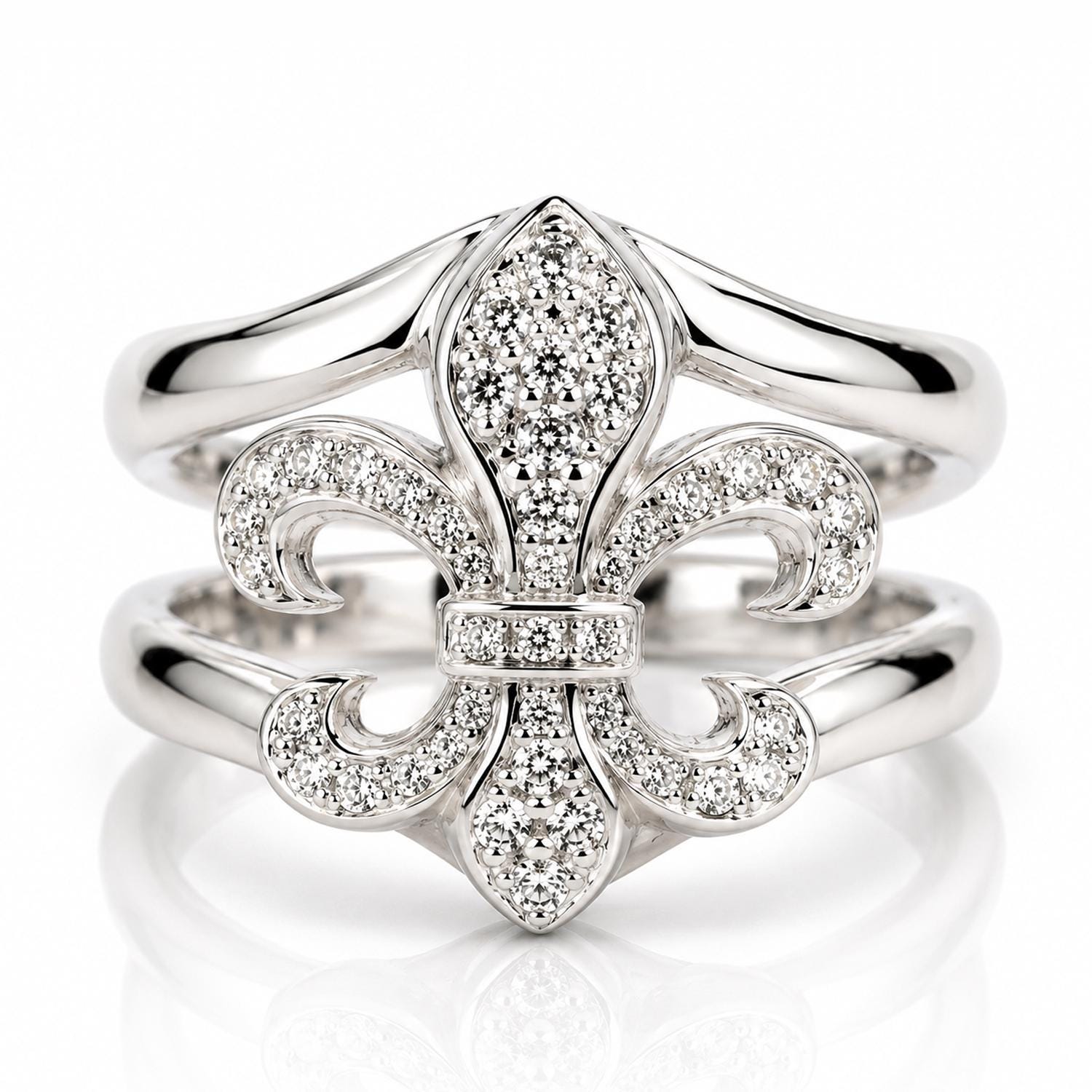 A silver ring with a large central diamond and smaller diamonds surrounding it, resembling a fleur-de-lis design.
