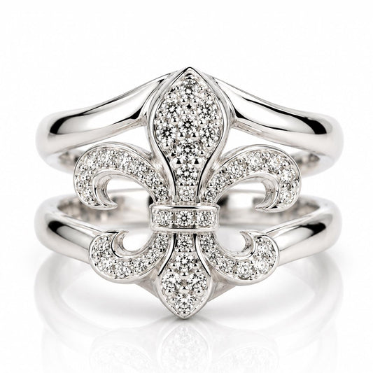 A silver ring with a large central diamond and smaller diamonds surrounding it, resembling a fleur-de-lis design.