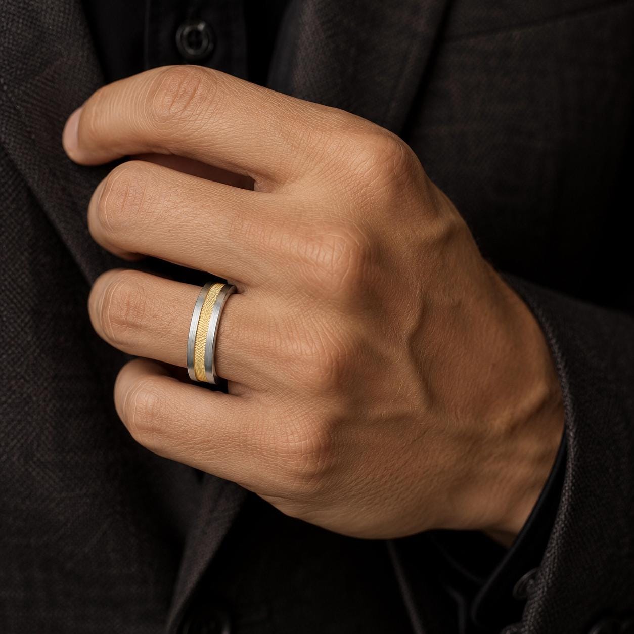 A close-up of a person's hand wearing a gold and silver ring on the ring finger.