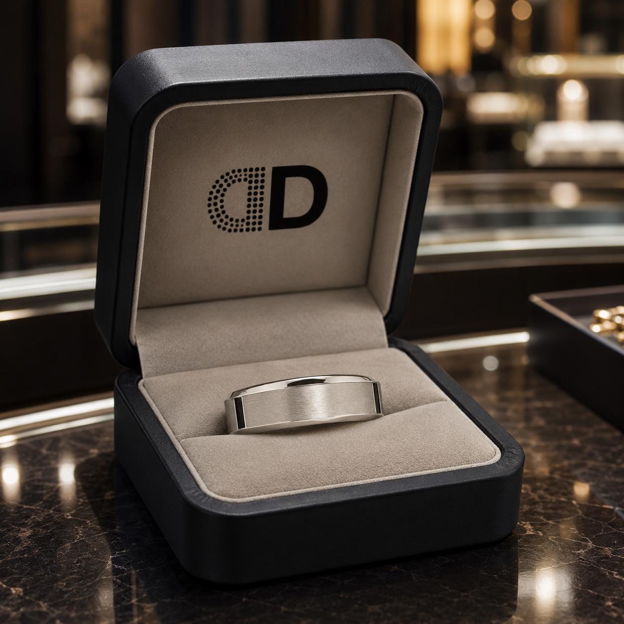 A silver ring is displayed in a black jewelry box with a logo on the inside.