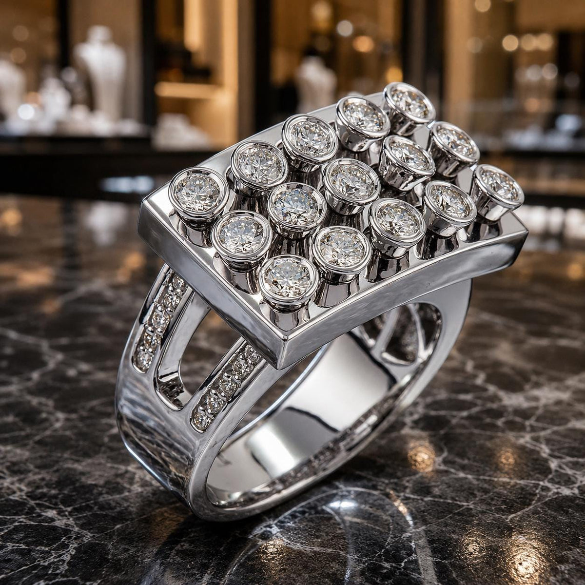 A silver ring with a large central diamond surrounded by smaller diamonds, displayed on a marble surface.