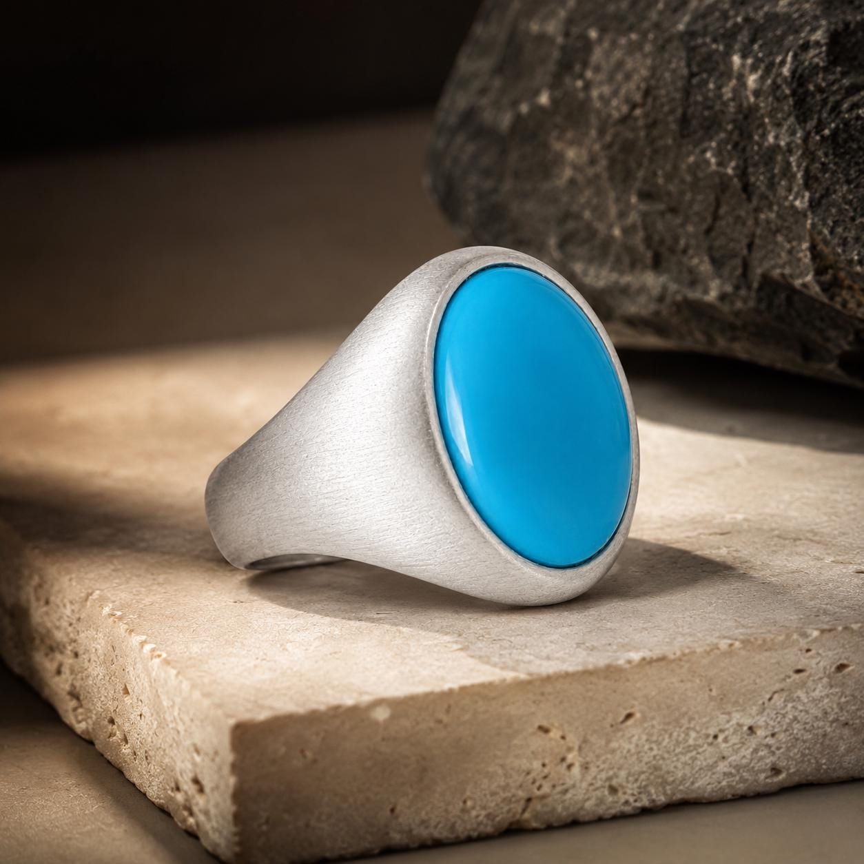A silver ring with a blue gemstone sits on a stone surface, with a rock visible in the background.