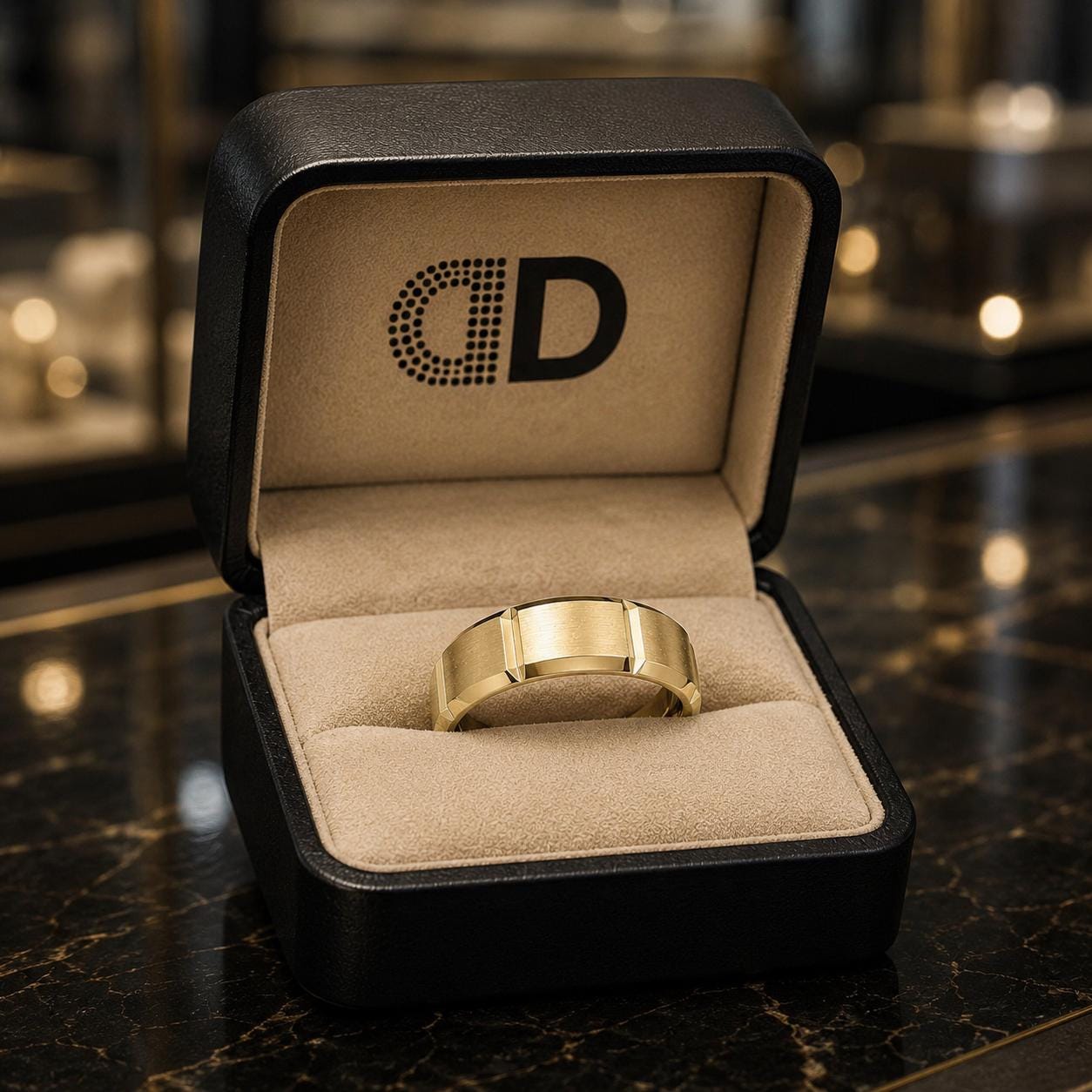 A gold ring is displayed in a black jewelry box with a logo on the lid.