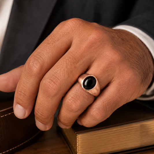 A close-up image of a hand wearing a gold ring with a black stone, resting on a book.