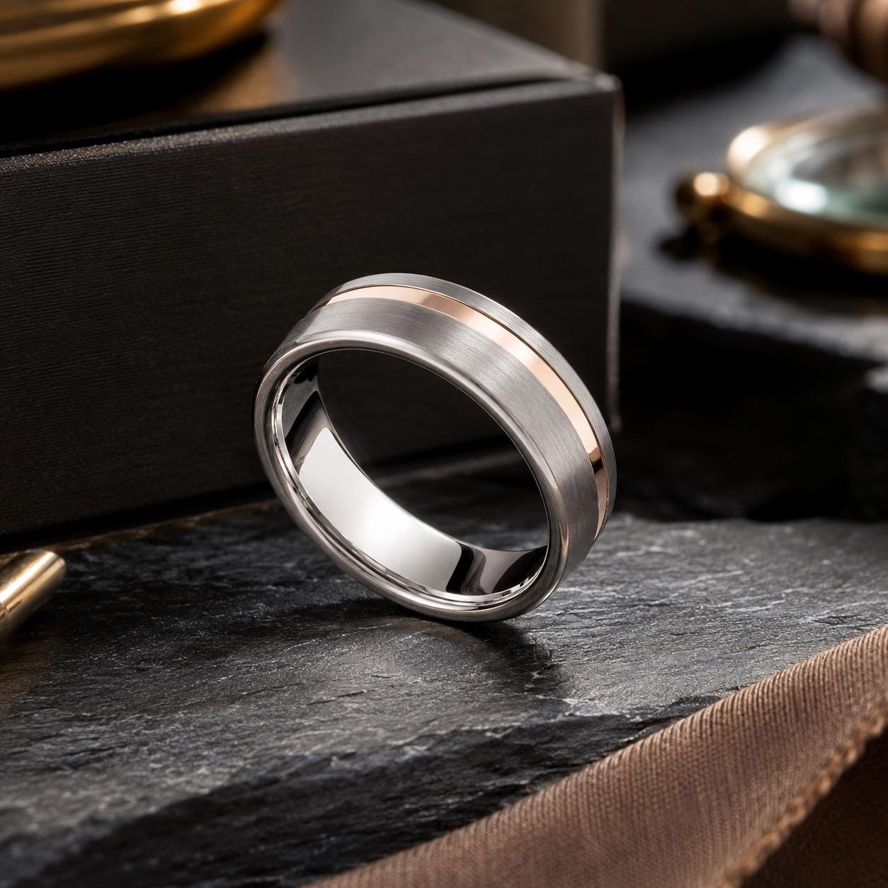 A silver ring with a thin gold stripe is displayed on a black surface, with a gold box and a small object in the background.