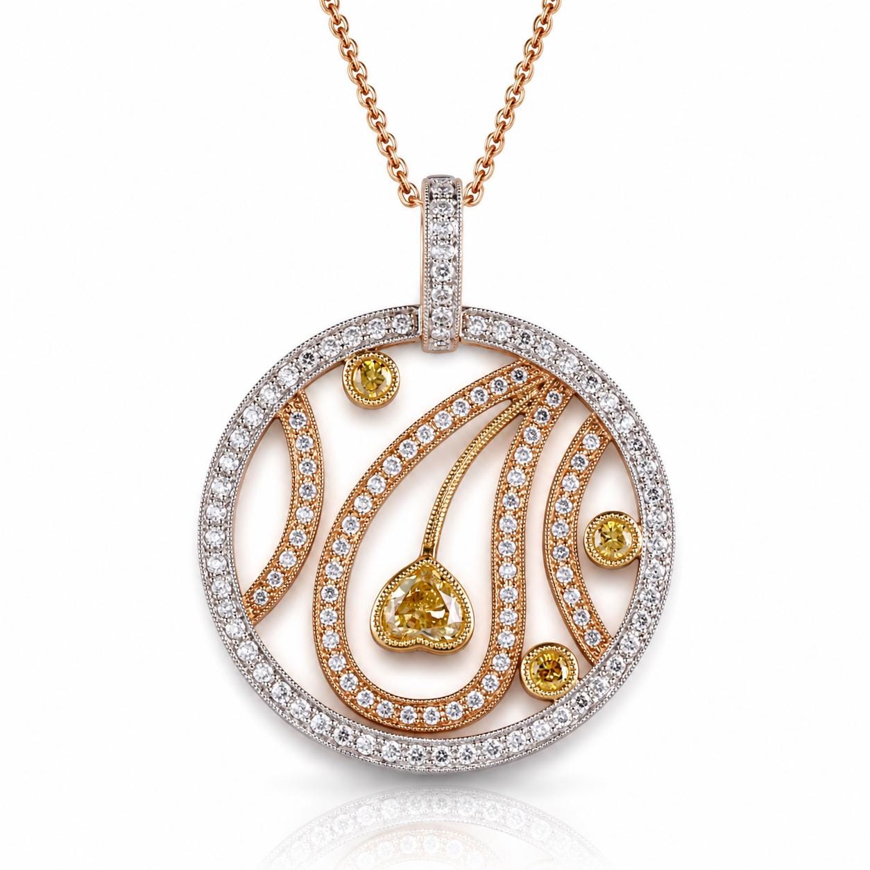 A necklace with a circular pendant featuring a design of yellow diamonds and a heart shape.