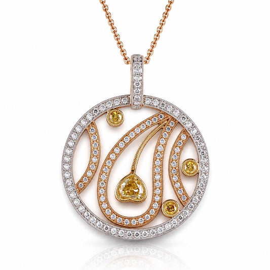 A necklace with a circular pendant featuring a design of yellow diamonds and a heart shape.