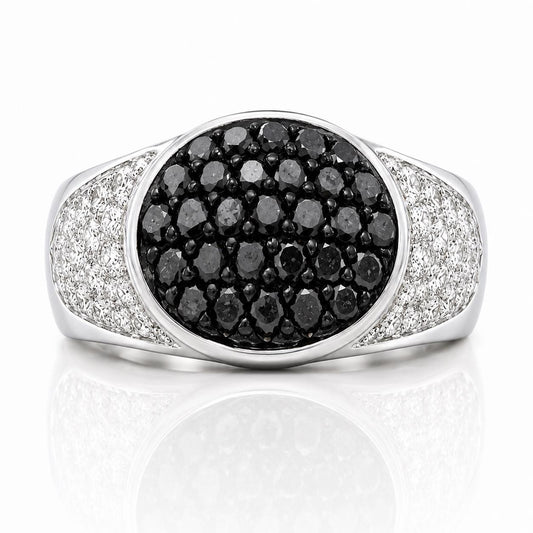 A silver ring with a large oval-shaped cluster of black diamonds set in the center, surrounded by smaller diamonds on either side.