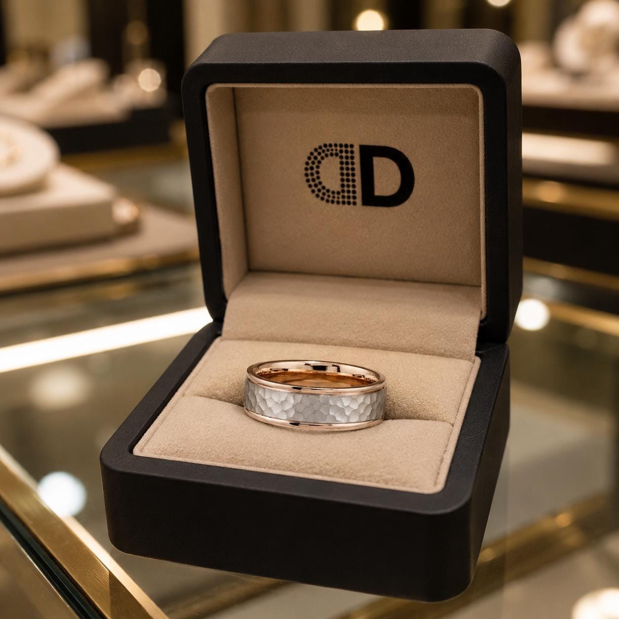 A silver ring with a textured surface is displayed in a black jewelry box with a gold interior, placed on a glass table.