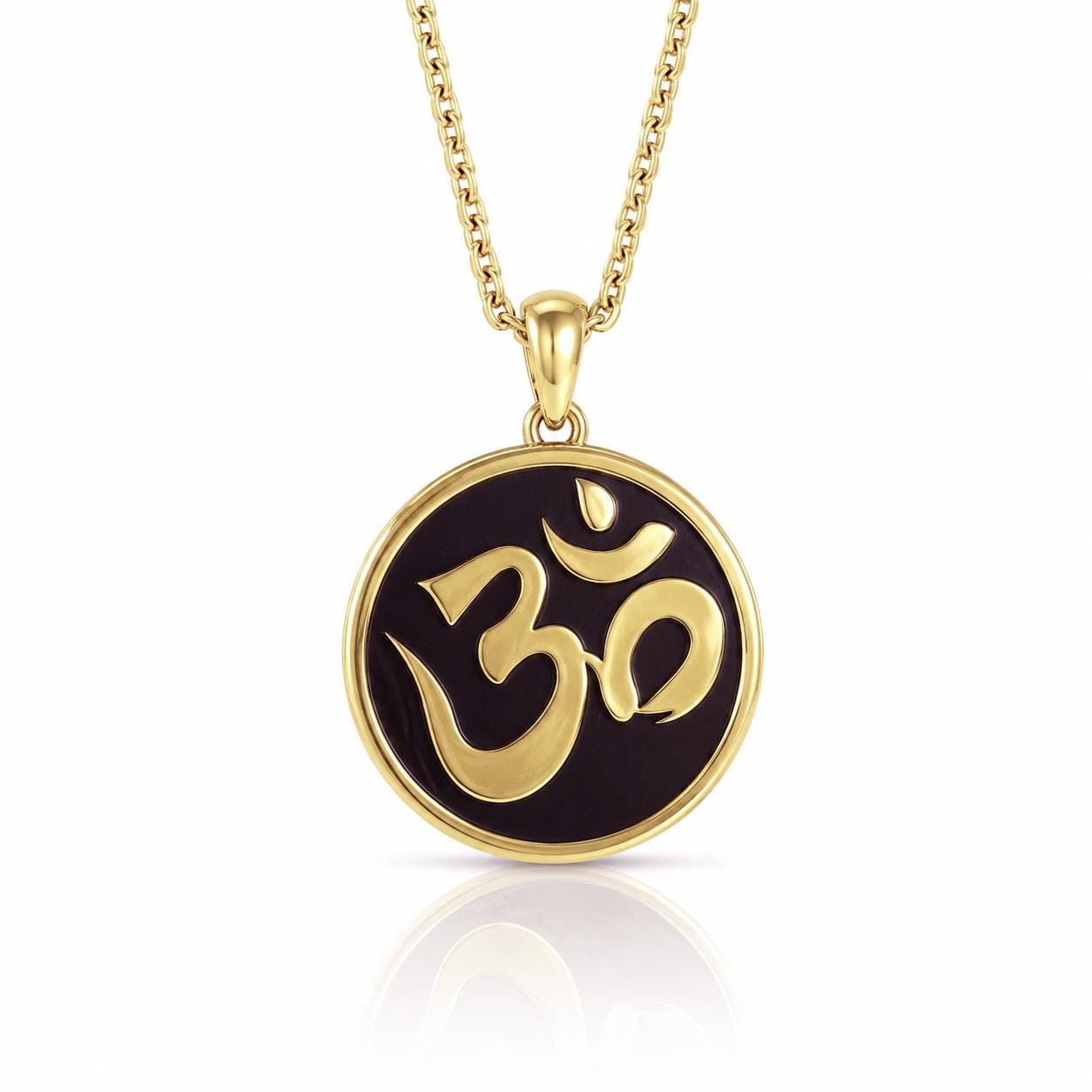 A gold-colored pendant necklace with a circular design featuring the Om symbol, which is a significant symbol in Hinduism and yoga.