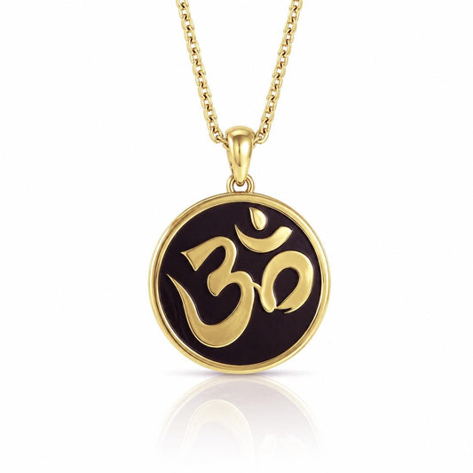 A gold-colored pendant necklace with a circular design featuring the Om symbol, which is a significant symbol in Hinduism and yoga.