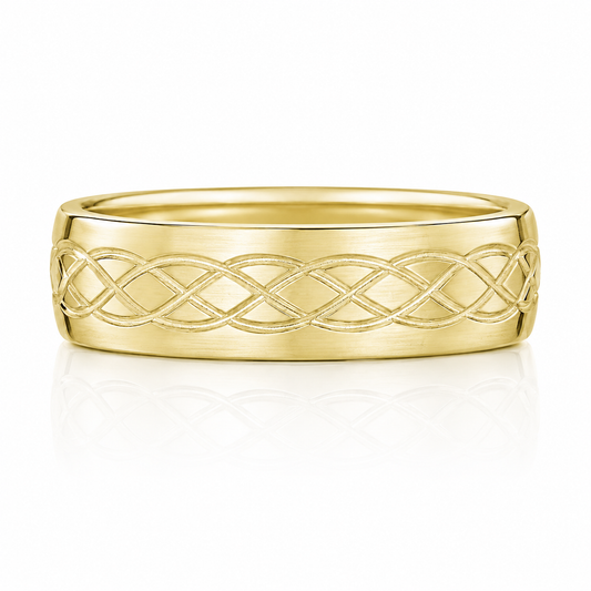 A gold ring with a Celtic knot design.
