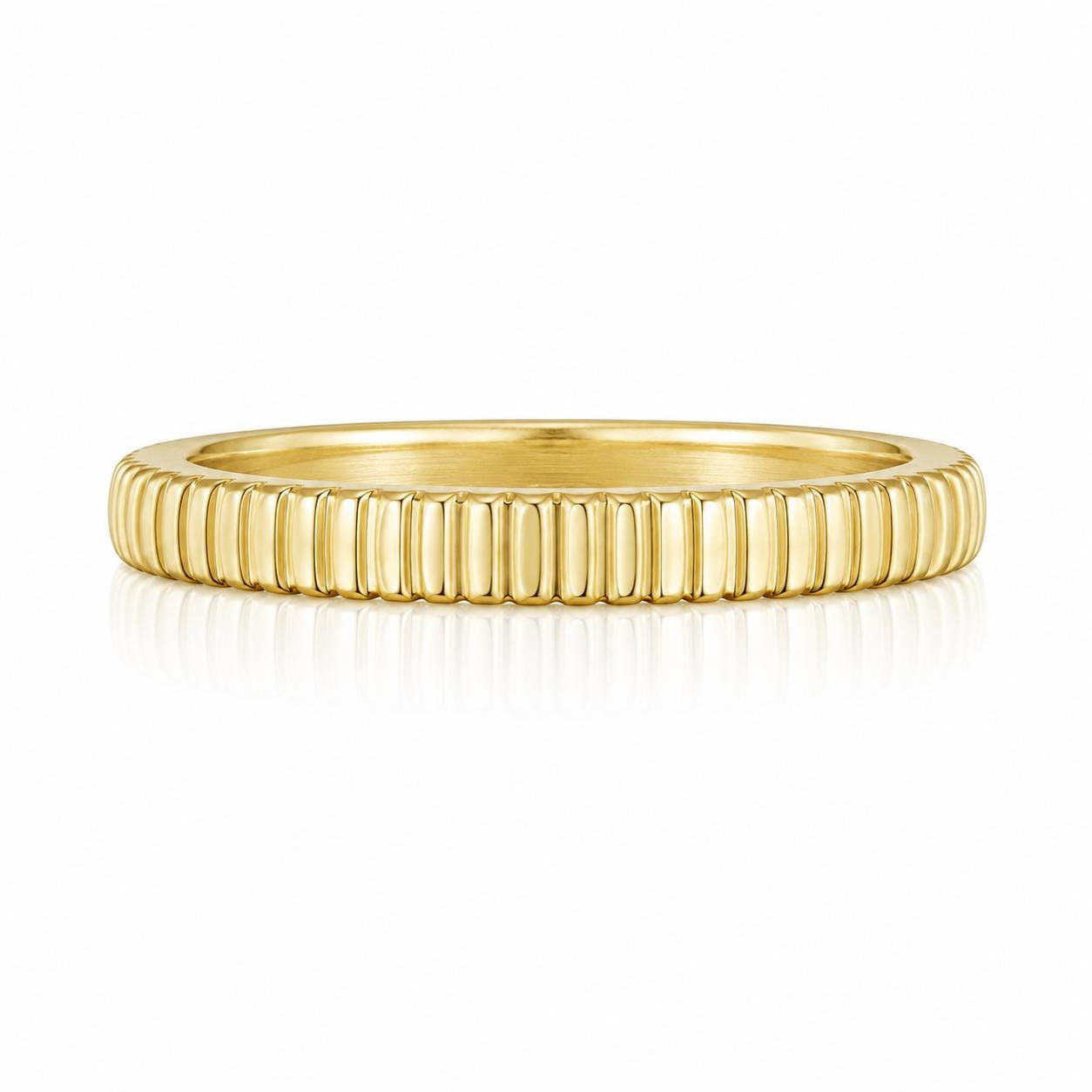 A gold band with a row of small, vertical lines along its length.