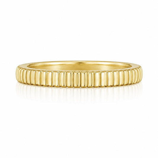 A gold band with a row of small, vertical lines along its length.