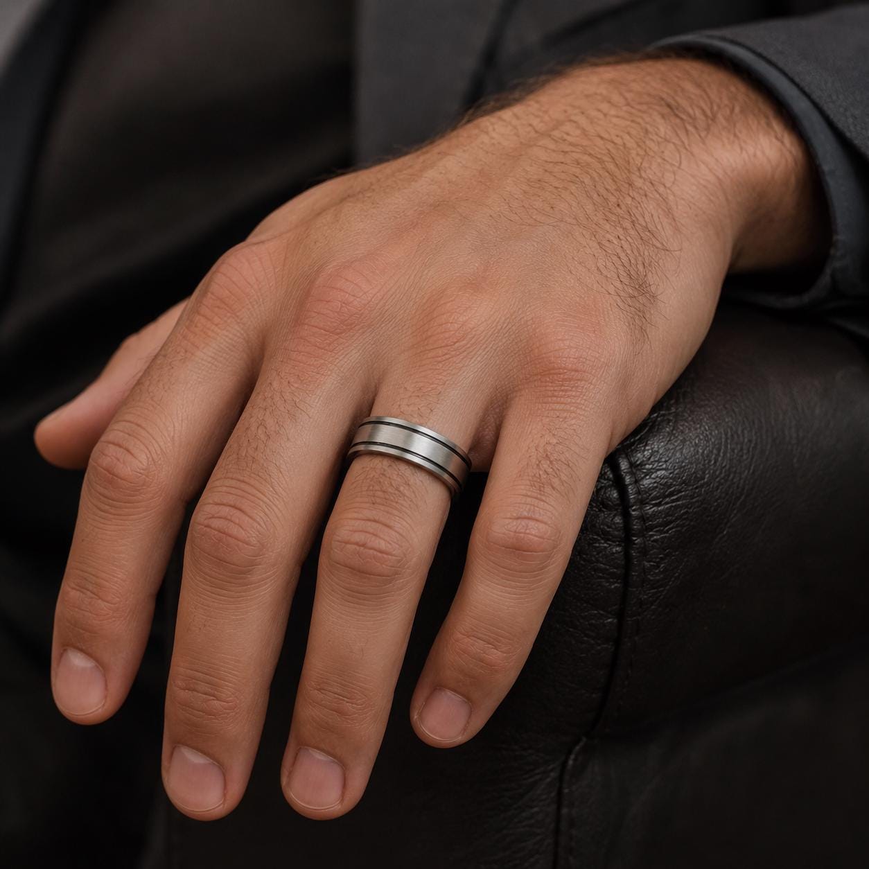 A close-up view of a person's hand wearing a silver ring, resting on a black leather surface.