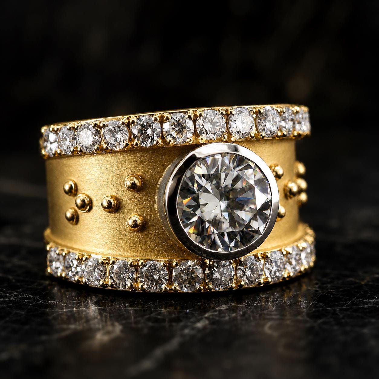 A close-up image of a gold ring with a large diamond in the center, surrounded by smaller diamonds and set in a gold band.