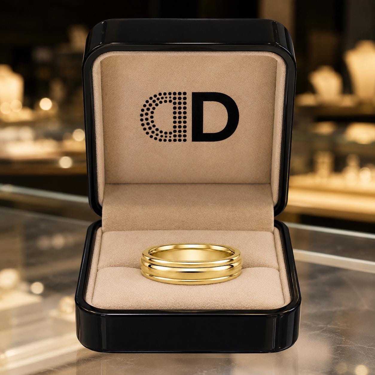 A gold ring is displayed in a black jewelry box with a logo on the front.