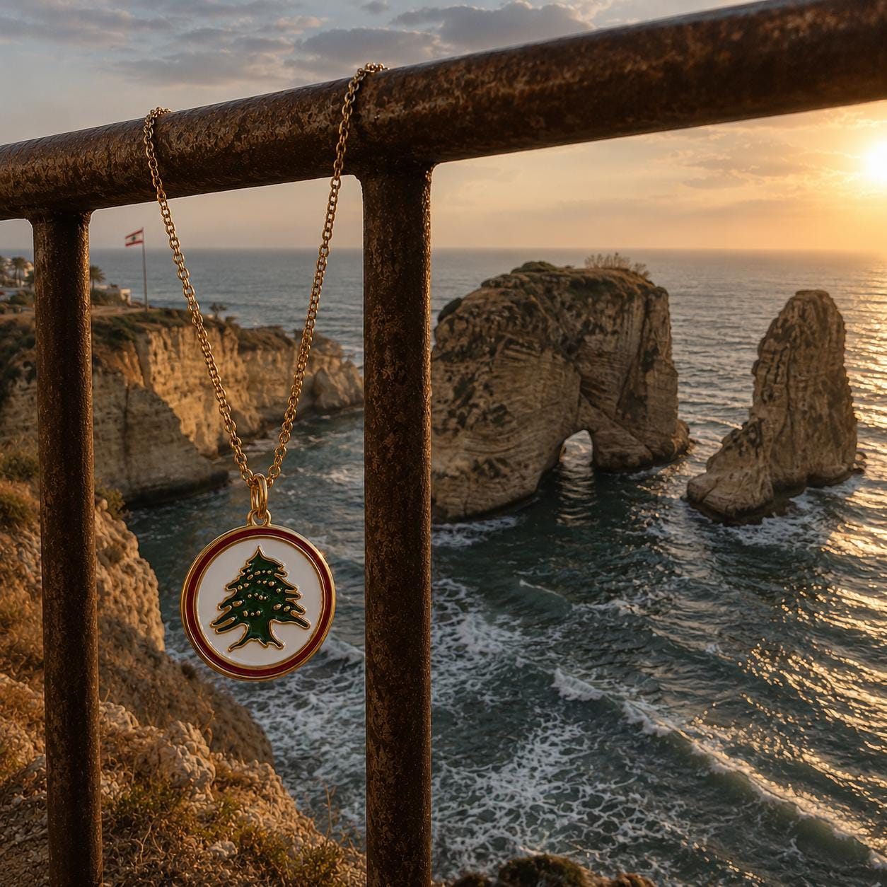 A necklace with a circular pendant featuring a tree design hangs from a metal railing, overlooking a picturesque coastal landscape with rocky cliffs and the ocean at sunset.