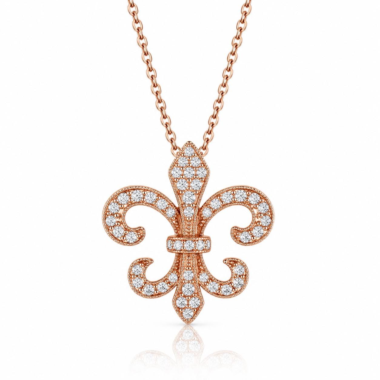 A delicate rose gold necklace with a pendant featuring a fleur-de-lis design, adorned with numerous small diamonds.