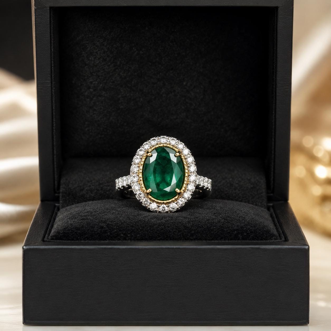 A large oval-shaped green gemstone ring with a halo of smaller diamonds is displayed in a black jewelry box.
