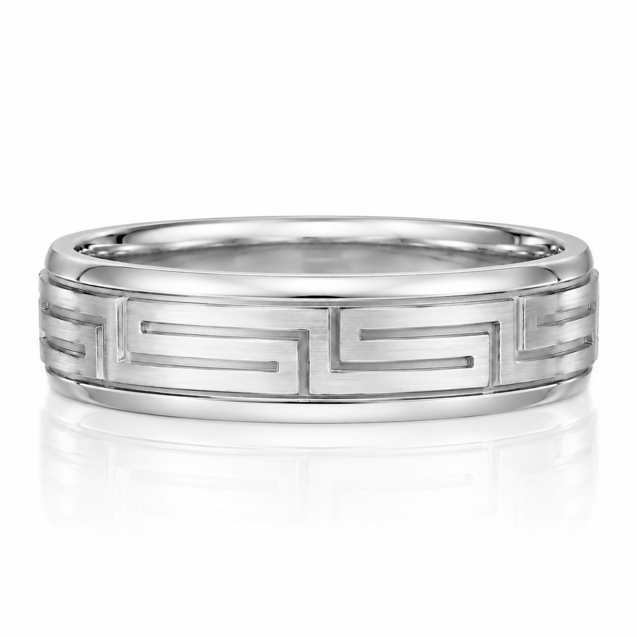 A silver-colored ring with a Greek key pattern design.