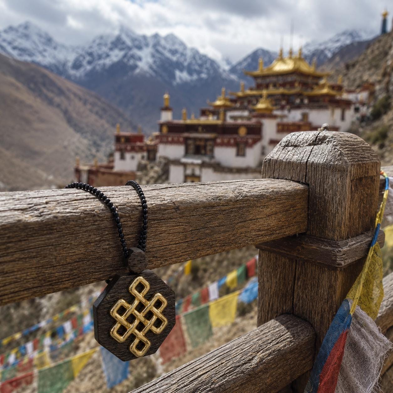 A wooden fence with a pendant featuring a golden knot design, and colorful prayer flags hanging from it, with a majestic Buddhist temple in the background.