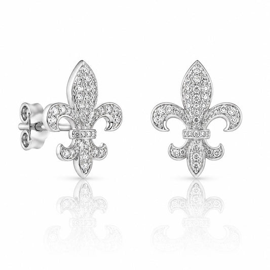 A pair of silver earrings with small diamonds on top, shaped like fleur-de-lis flowers.
