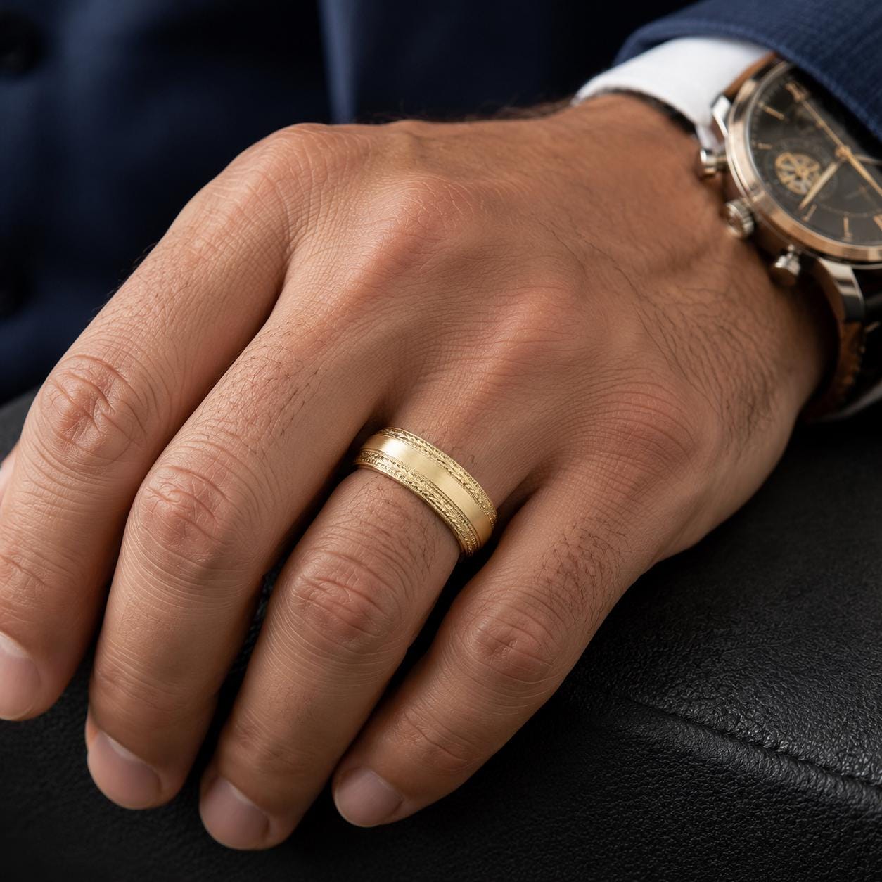A close-up of a person's hand wearing a gold ring and a watch on their wrist.
