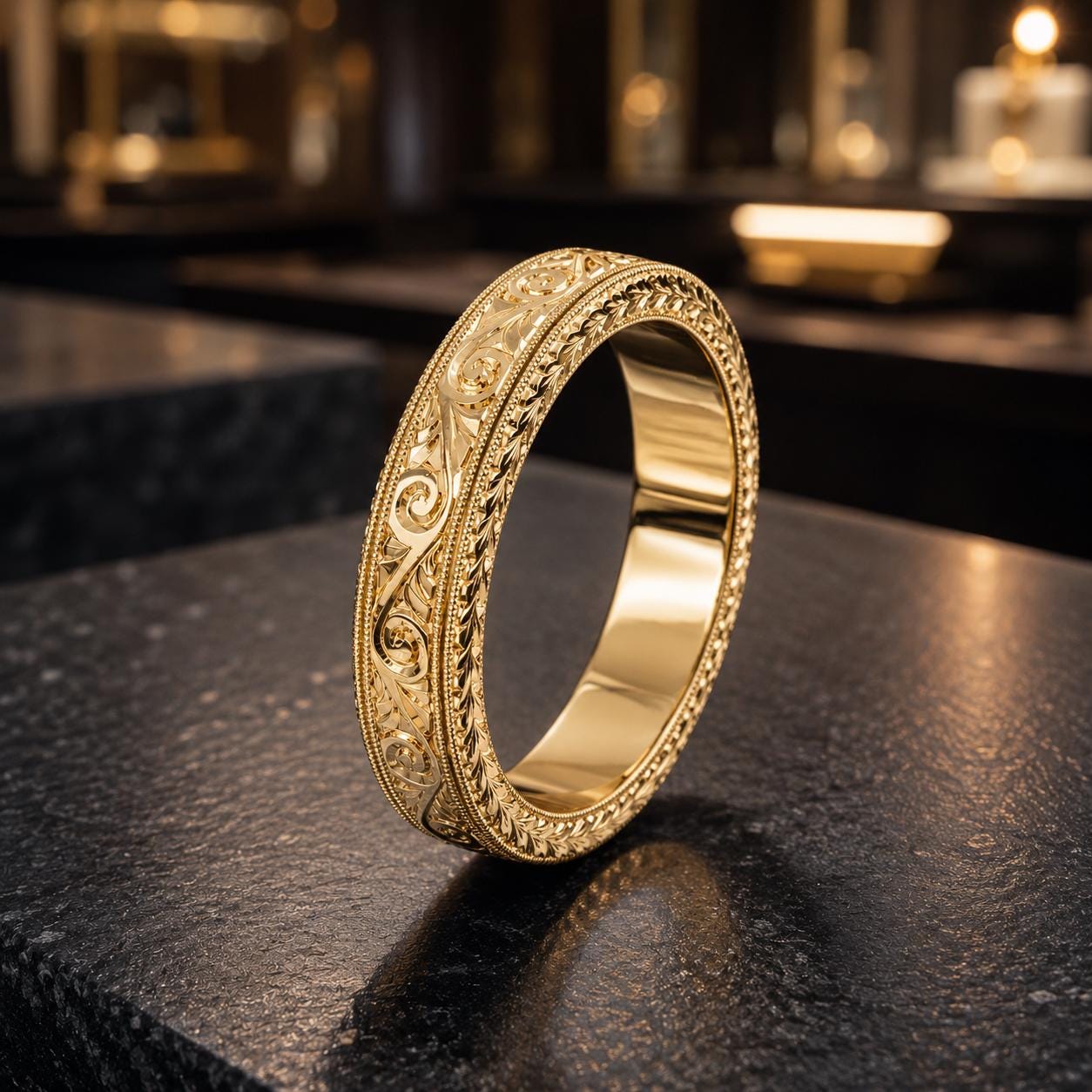 A gold ring with an intricate engraved design is displayed on a dark surface.