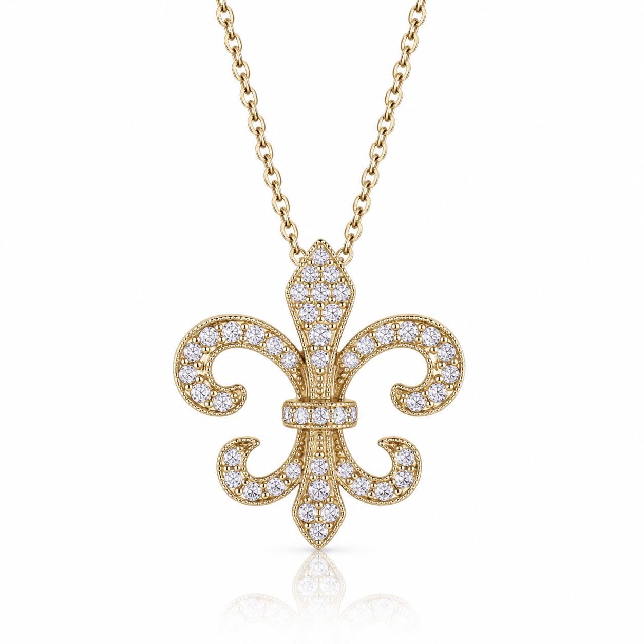 A gold-colored necklace with a pendant in the shape of a fleur-de-lis design, adorned with small diamonds.