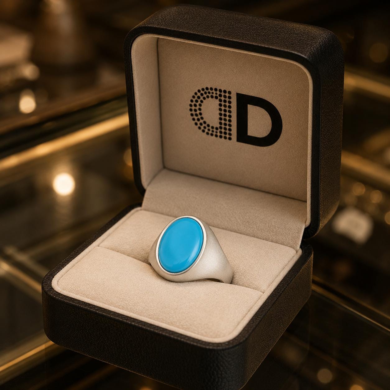 A silver ring with a blue stone is displayed in a black jewelry box with a logo on the lid.