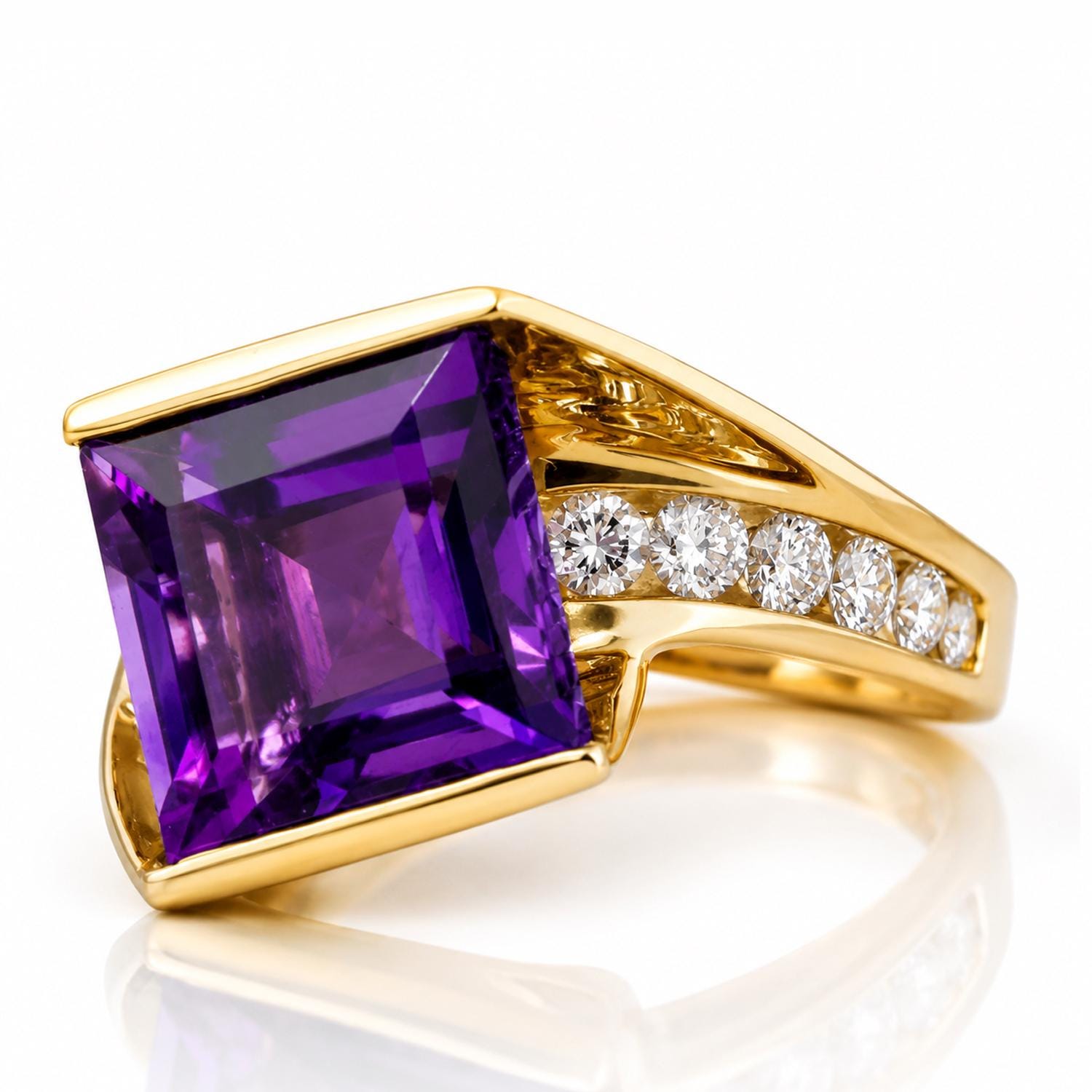 A gold ring with a large purple gemstone, likely an amethyst, set in a gold band with smaller diamonds.