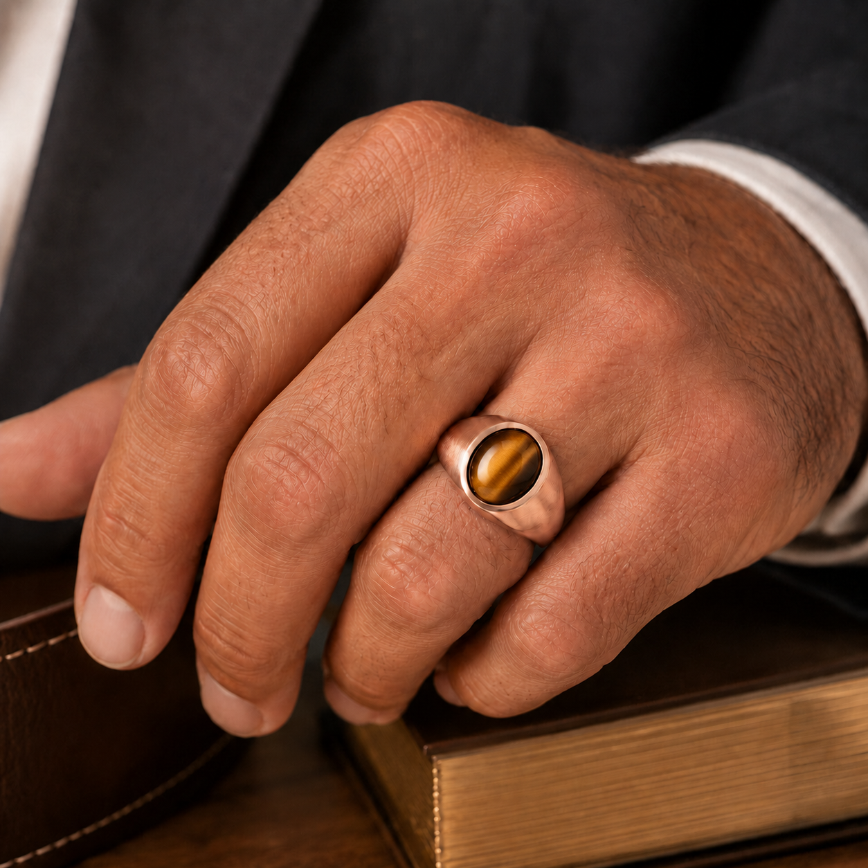 A close-up image of a hand wearing a gold ring with a tiger eye stone, resting on a book.