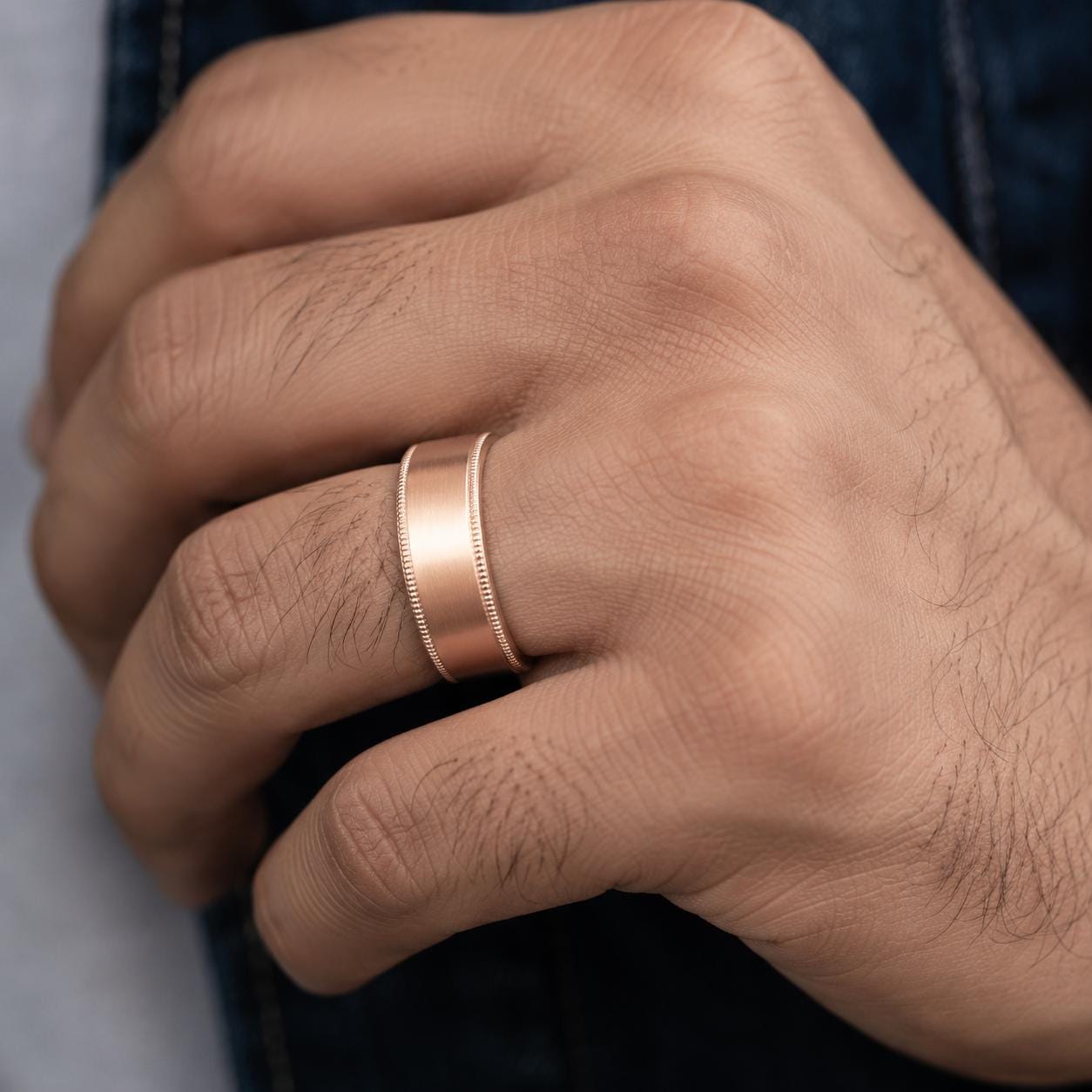 A close-up of a person's hand wearing a gold ring on the ring finger.