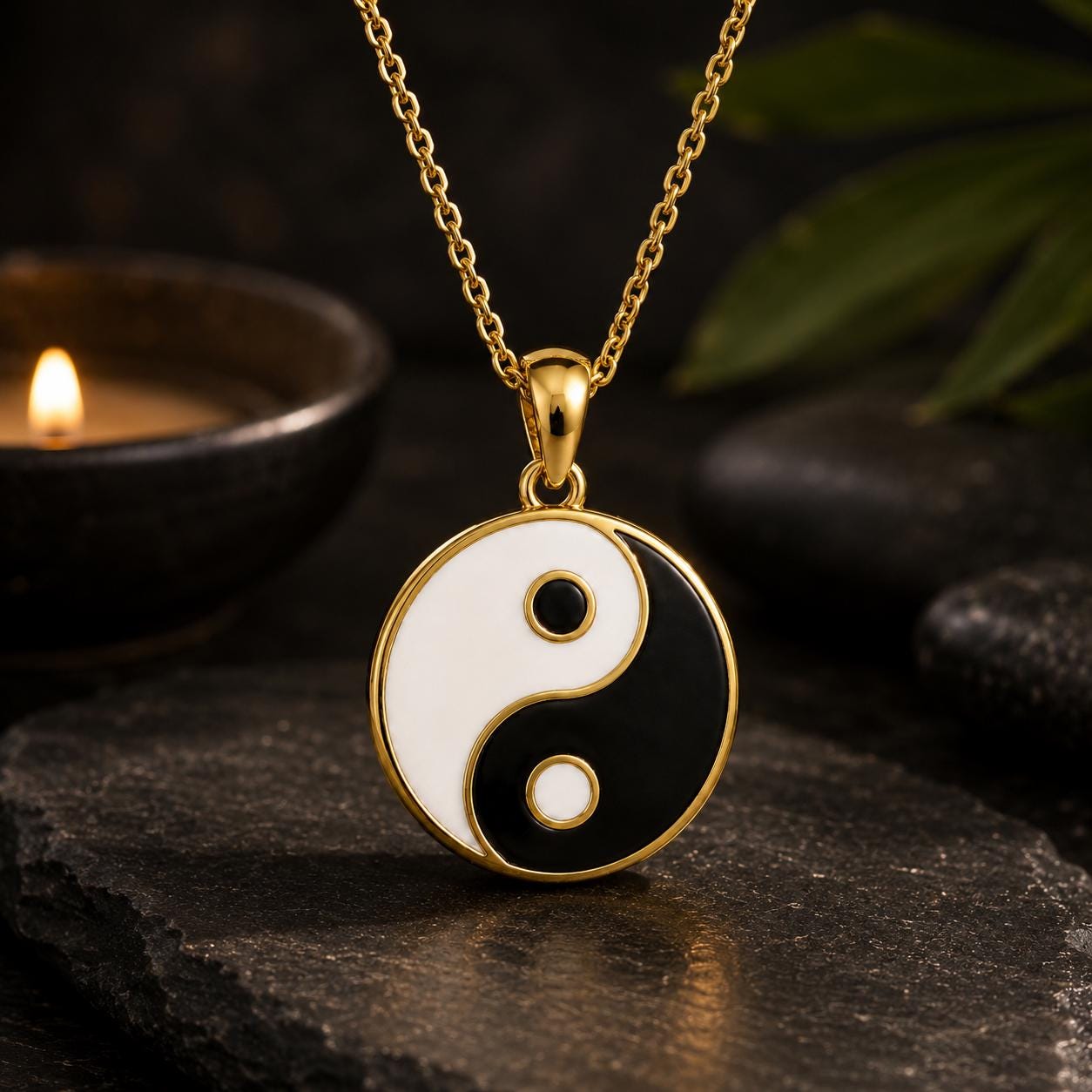 A gold-colored pendant necklace with a white and black yin and yang symbol pendant is displayed on a dark surface, with a candle and some rocks in the background.