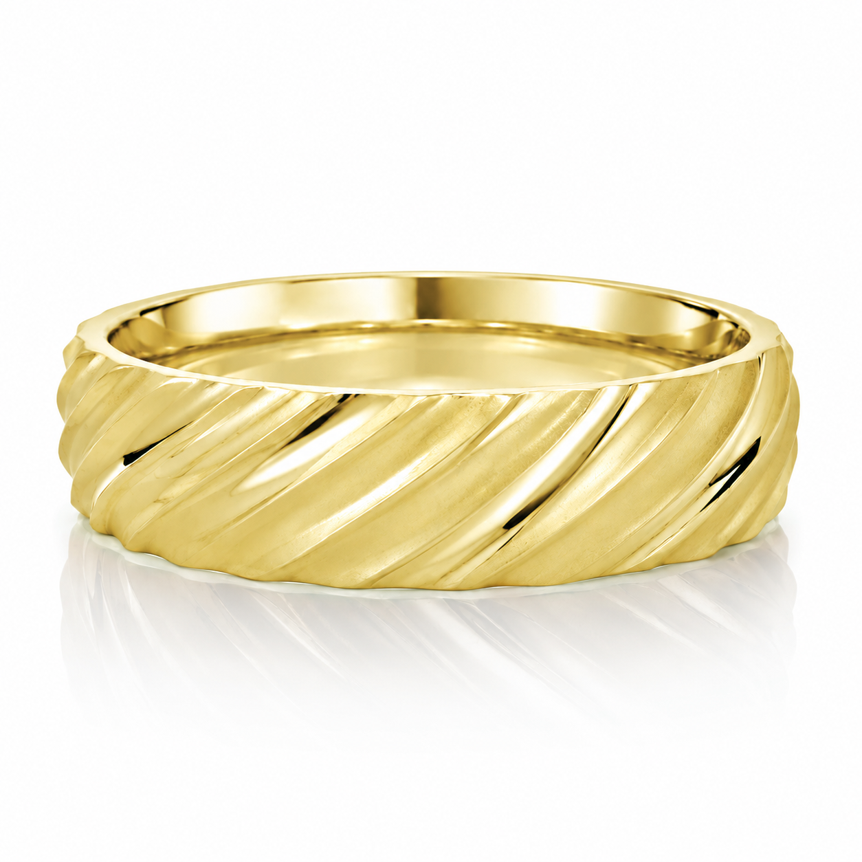 A gold ring with a twisted band design.