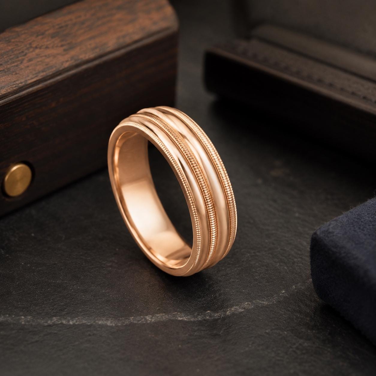 A gold ring with a unique band design is displayed on a dark surface, surrounded by other objects.