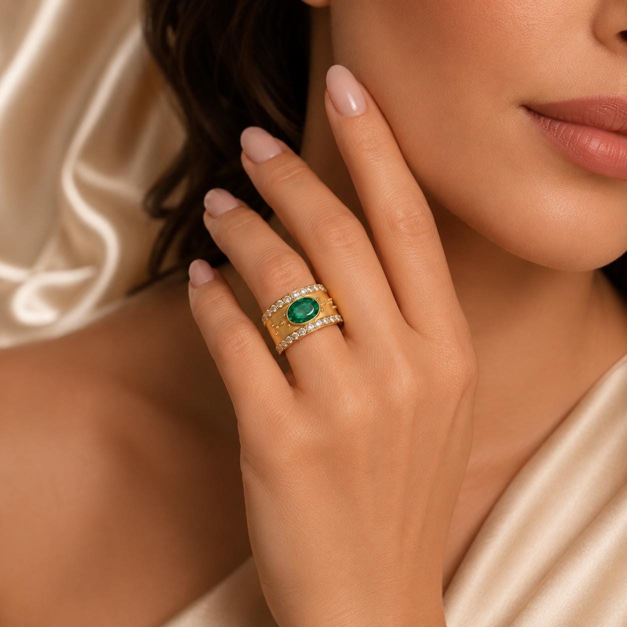 A close-up of a woman's hand wearing a gold ring with a large green gemstone, resting on her finger.