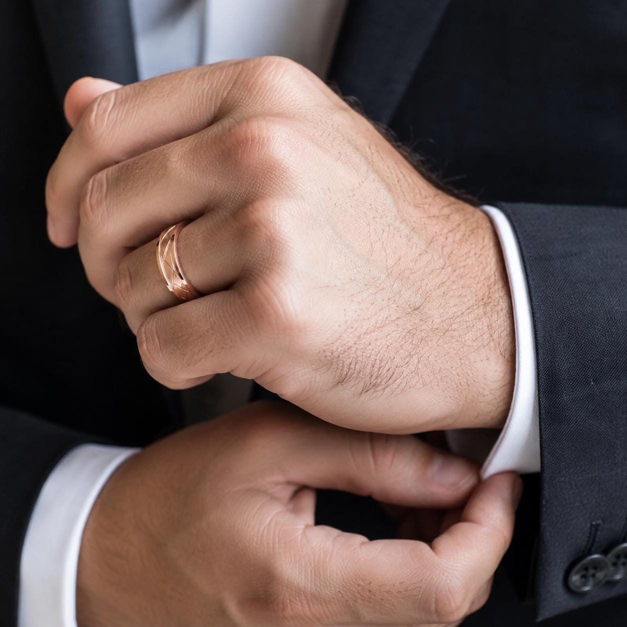 A close-up image of a man's hand adjusting his cuff, wearing a gold ring on his finger.