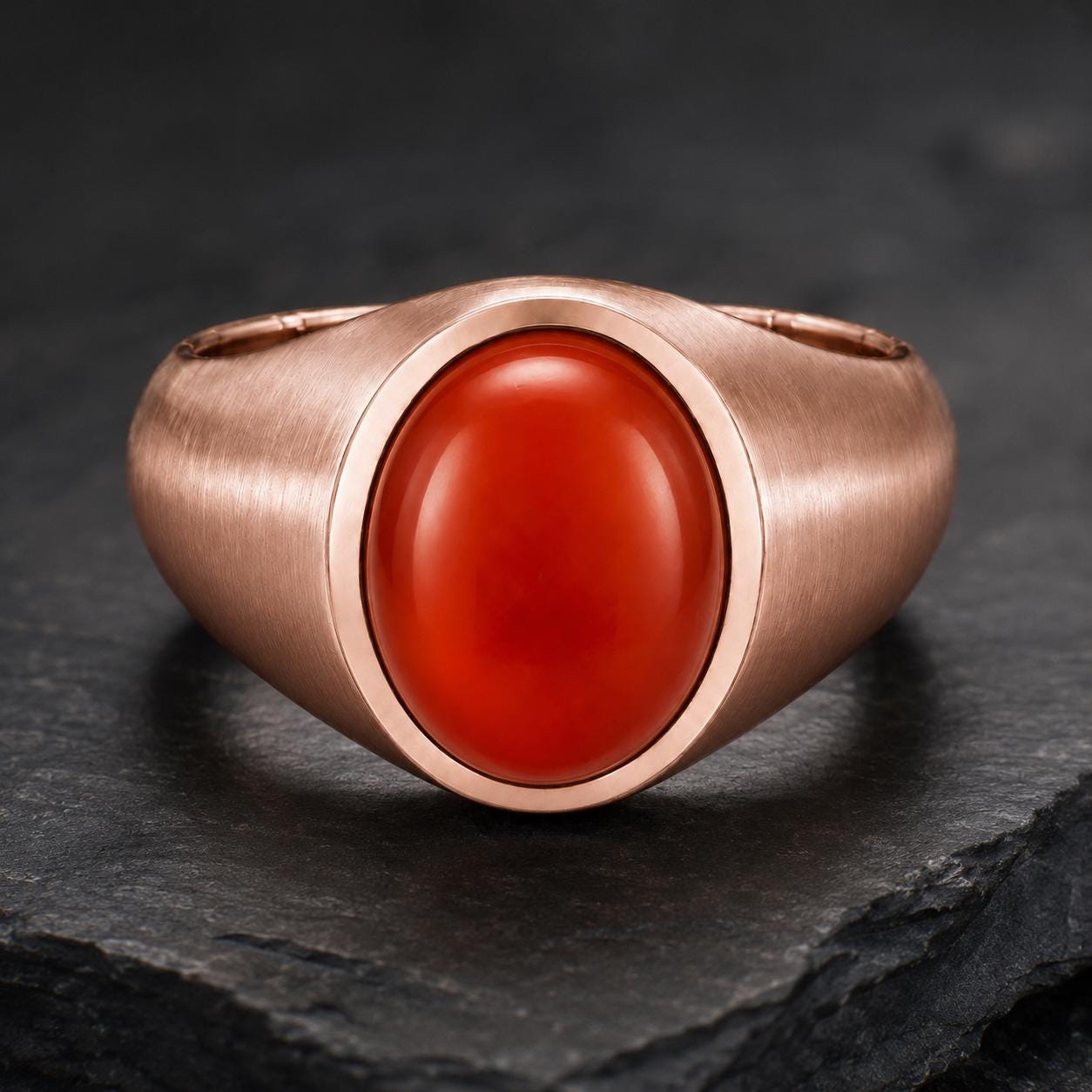 A close-up image of a gold ring with a large, round red gemstone, placed on a dark surface.