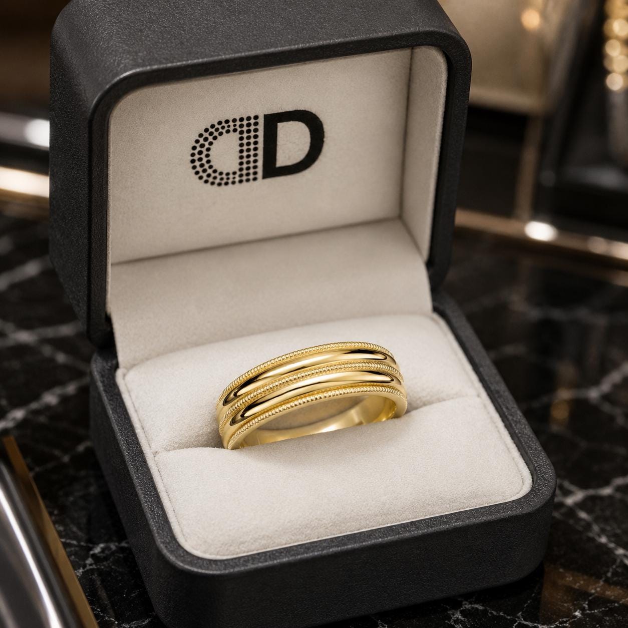 A gold ring is displayed in a black jewelry box with a white interior, placed on a marble surface.