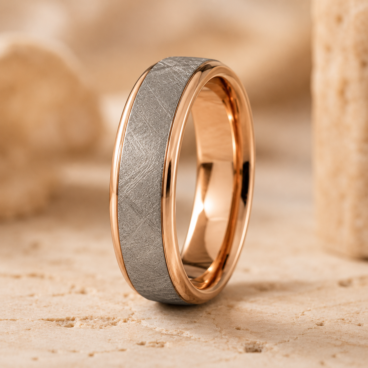 A gold-toned ring with a gray metallic band is displayed against a blurred beige background.